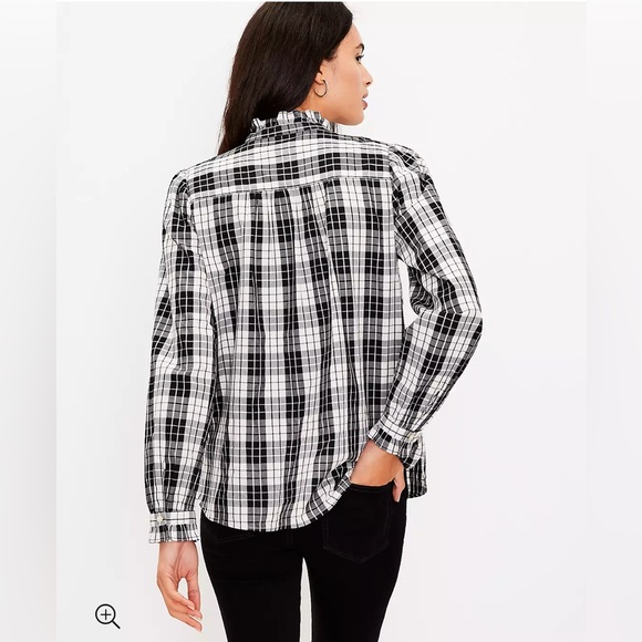 LOFT Plaid Ruffle button down black and white Shirt NWT Long sleeved size small - Picture 3 of 7